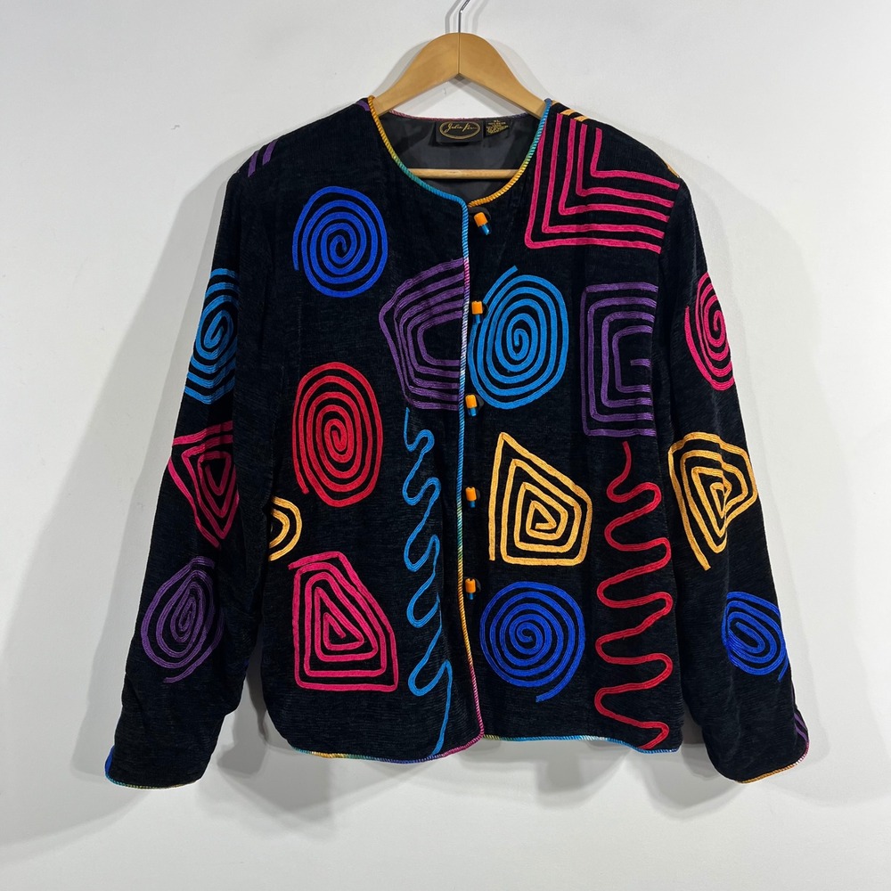 Julia Ken VTG Artsy Corduroy Embroidered Soutache Jacket XL Colorful Art Wear